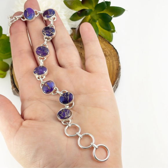 Genuine Purple Dahlia Turquoise Gemstone Bracelet Southwest Boho Southwest 925 - Picture 2 of 6